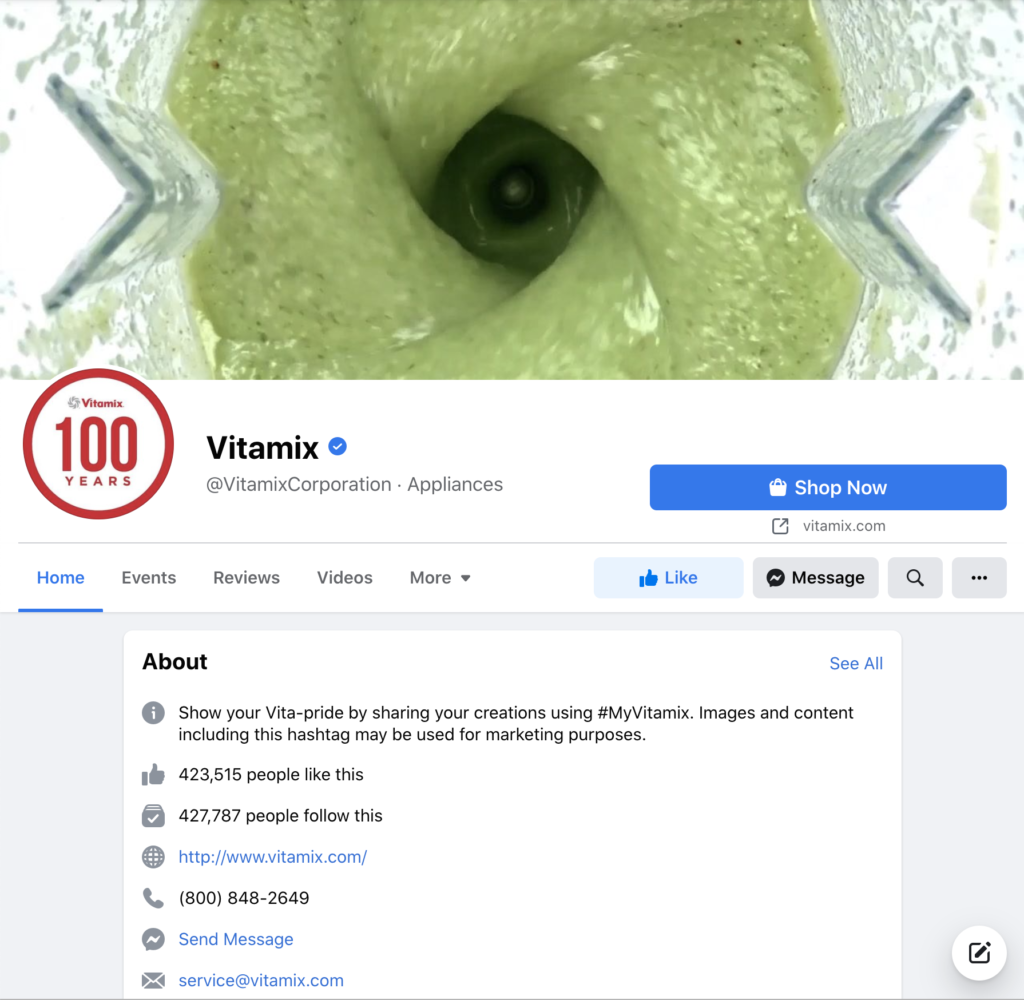 Screenshot of Vitamix Facebook page to show social media by generation